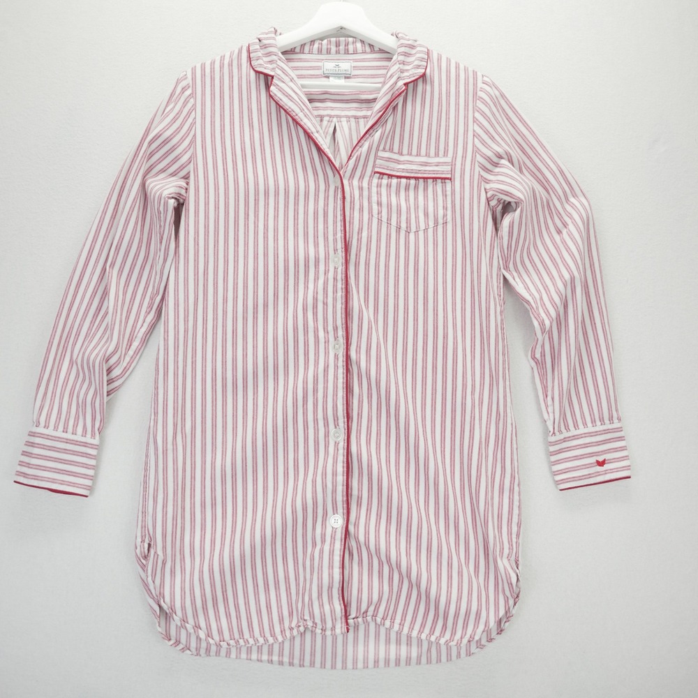 Petite Plume Red White Striped Cotton Nightshirt Pajama Dress Gown Womens XS
